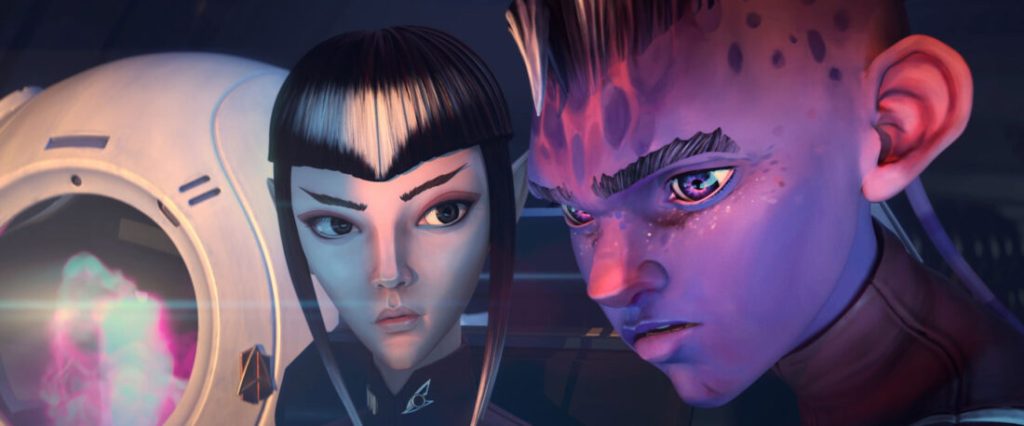 Image of a cartoon-y Vulcan woman looking at a purple alien man in Star Trek: Prodigy 